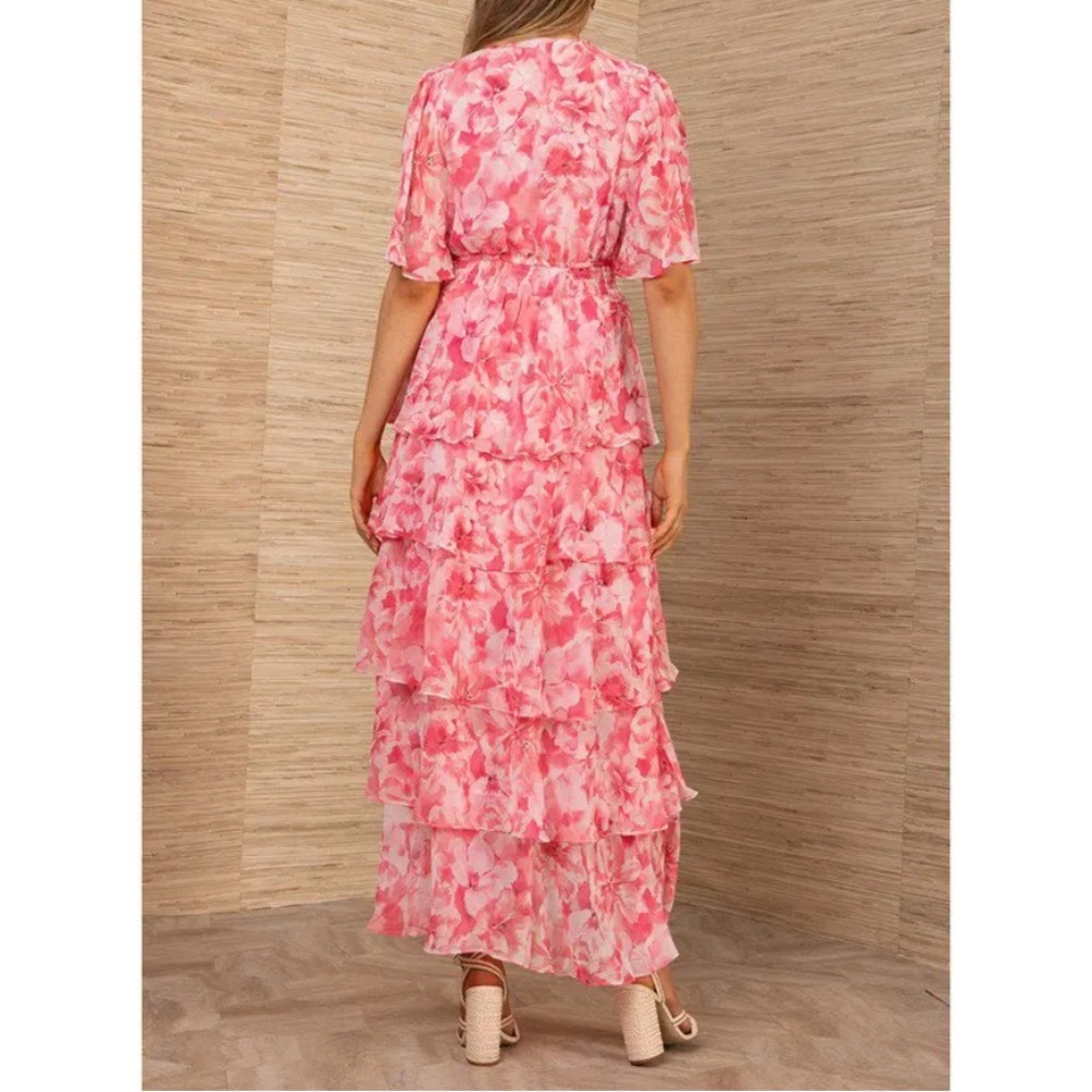 Hale Bob The Mile Kallie Chiffon Pink Floral Ruffle Maxi Dress - Picture 2 of 5